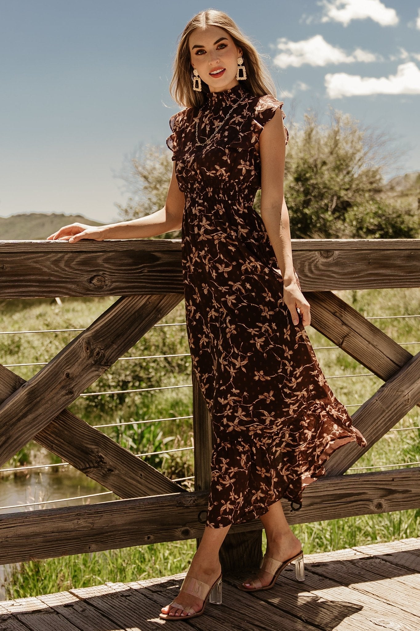 Baltic Born Womens Kearny Ruffle Maxi Dress | Brown + Natural | Color: Brown Floral | Size: XL Baltic Born Womens Kearny Ruffle Maxi Dress | Brown + Natural | Color: Brown Floral | Size: XL