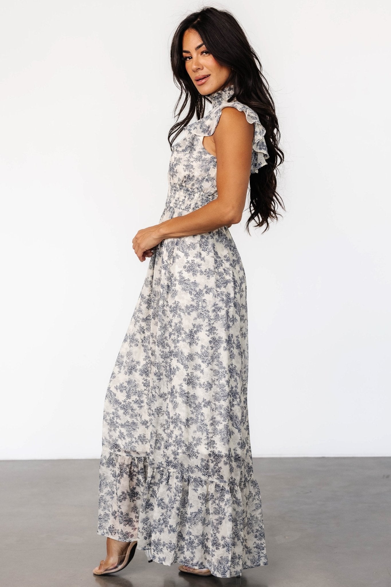 Kearny Ruffle Maxi Dress | Cream + Navy Floral - Baltic Born