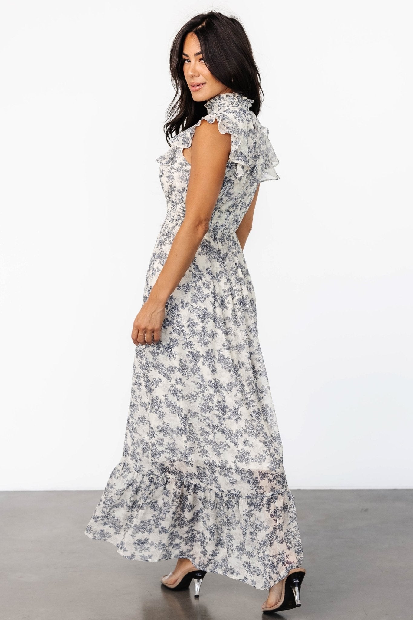 Kearny Ruffle Maxi Dress | Cream + Navy Floral - Baltic Born