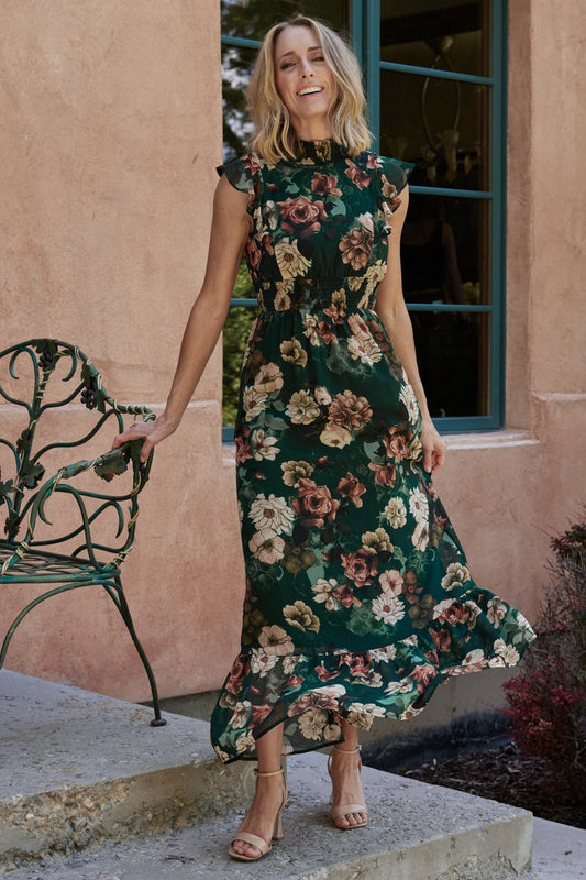 Kearny Ruffle Maxi Dress | Dark Green Floral - Baltic Born