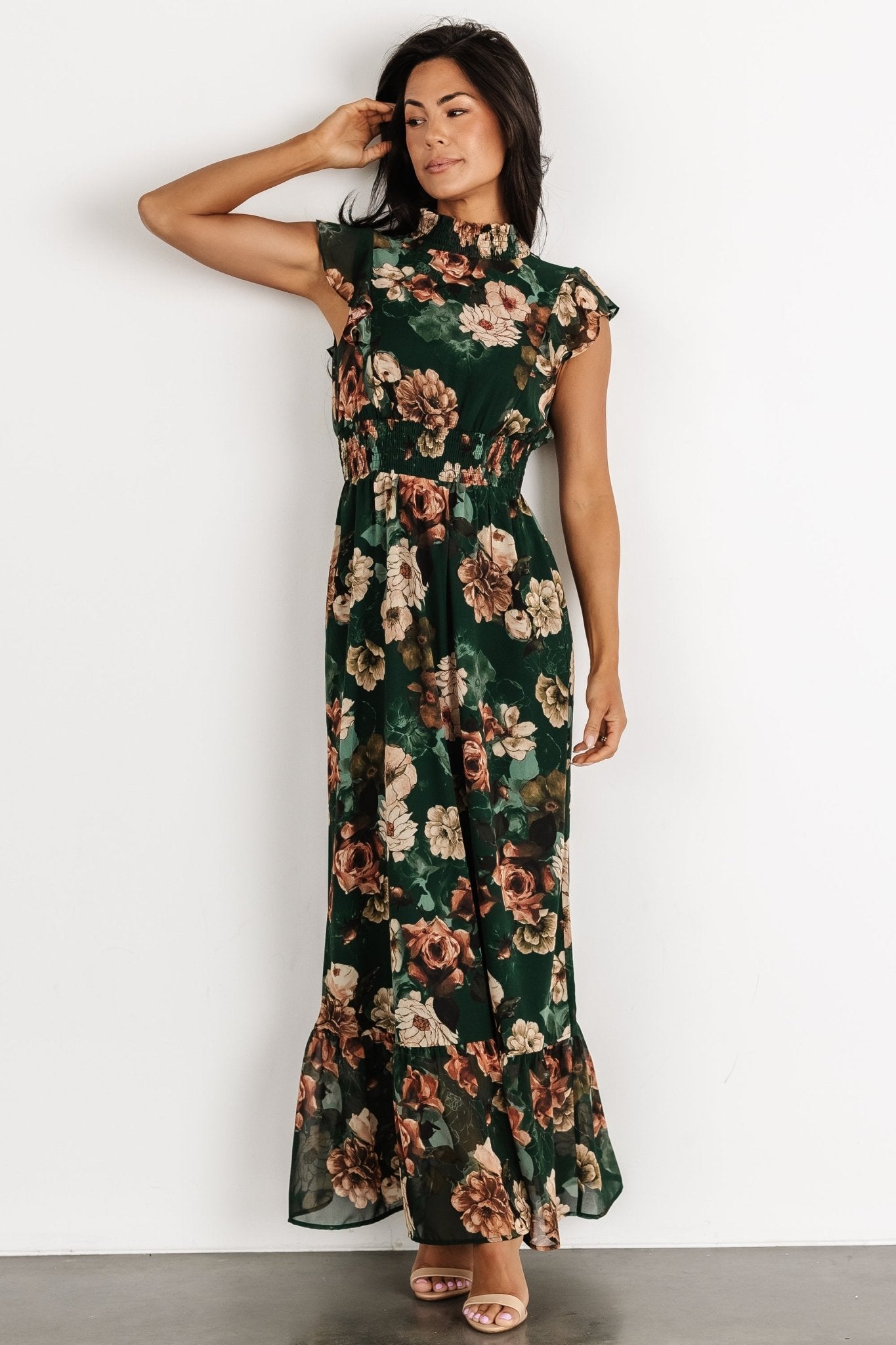 Kearny Ruffle Maxi Dress | Dark Green Floral - Baltic Born