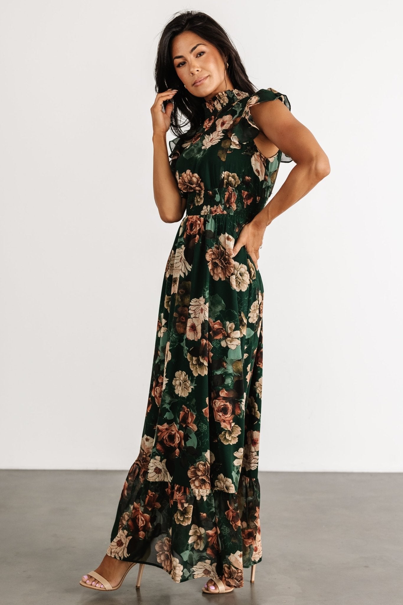 Kearny Ruffle Maxi Dress | Dark Green Floral - Baltic Born