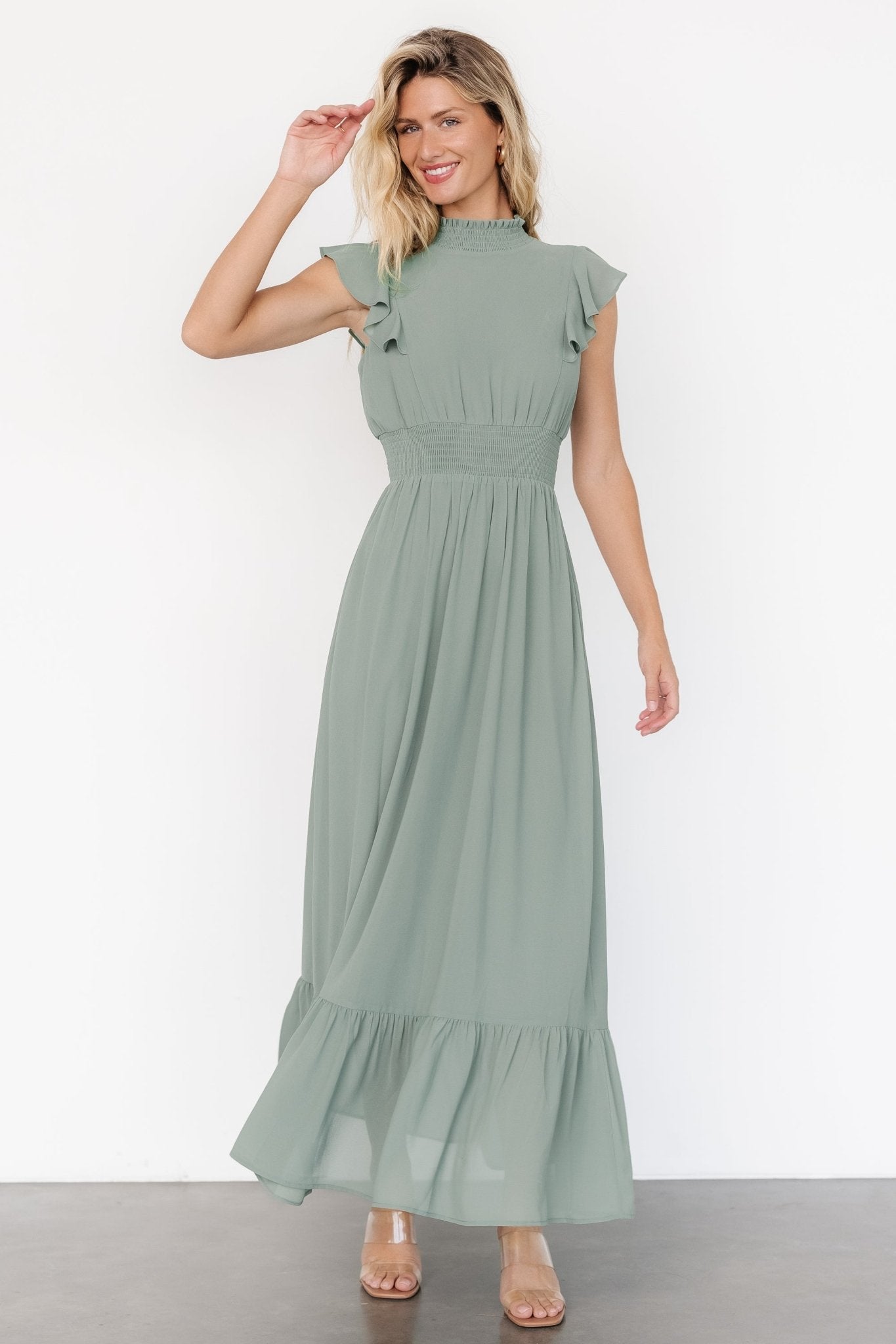 Kearny Ruffle Maxi Dress | Eucalyptus - Baltic Born