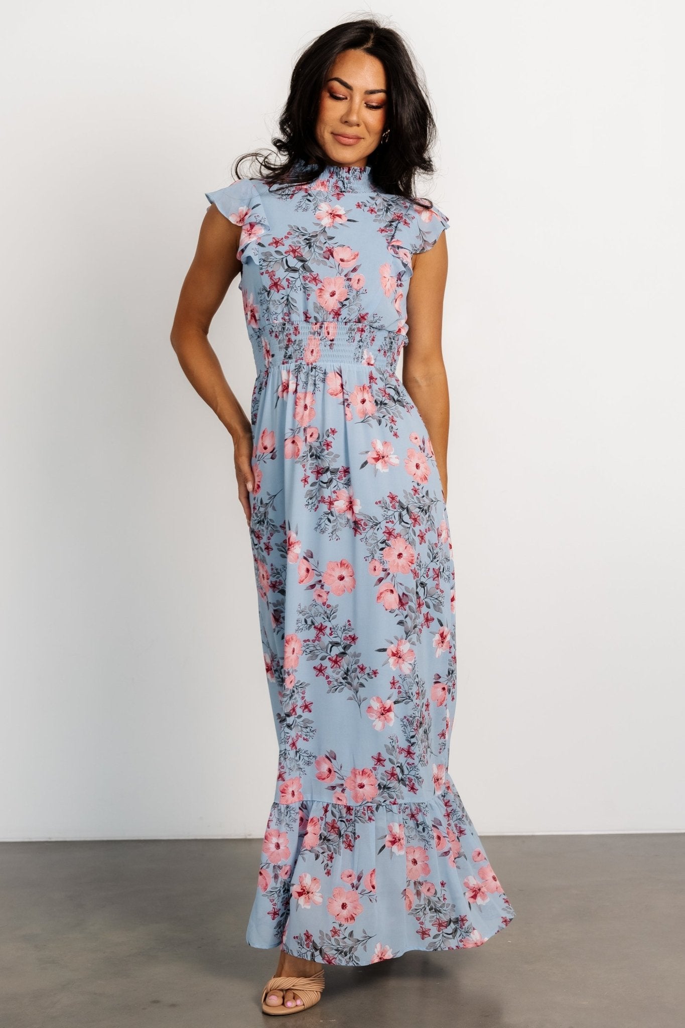 Kearny Ruffle Maxi Dress | Light Blue + Blush - Baltic Born