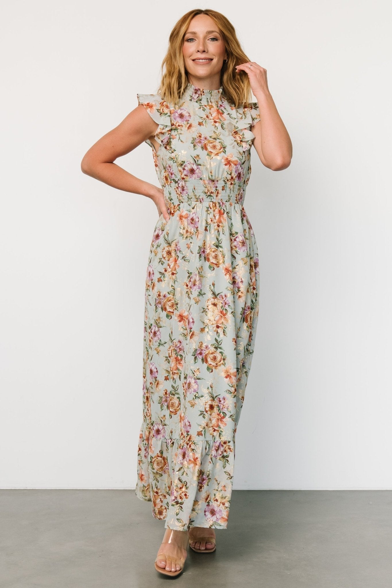 Kearny Ruffle Maxi Dress | Light Blue Floral + Gold - Baltic Born