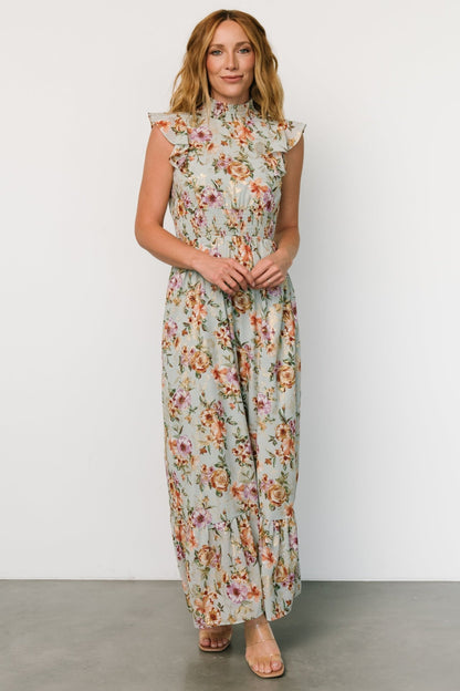 Kearny Ruffle Maxi Dress | Light Blue Floral + Gold - Baltic Born