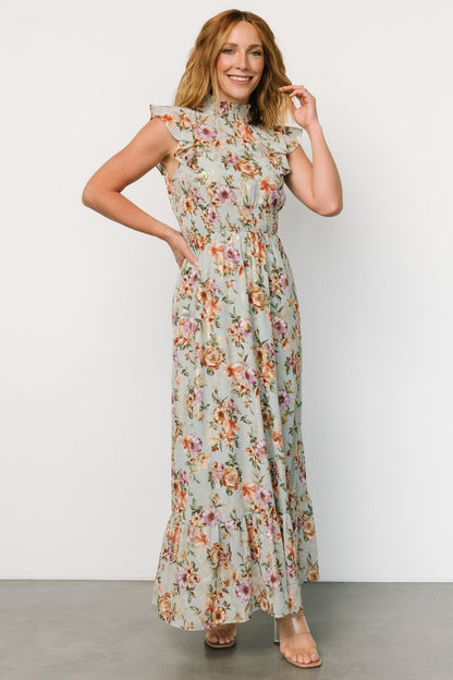 Kearny Ruffle Maxi Dress | Light Blue Floral + Gold - Baltic Born