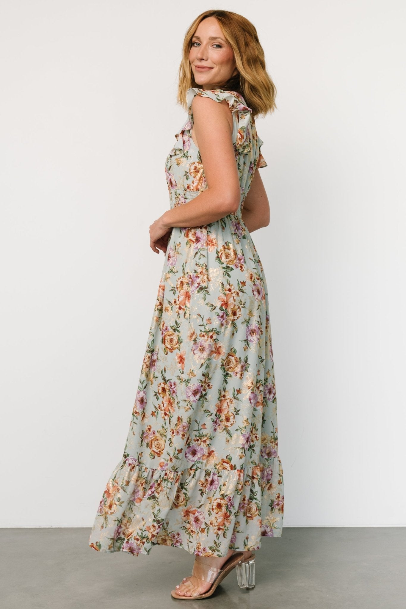 Kearny Ruffle Maxi Dress | Light Blue Floral + Gold - Baltic Born