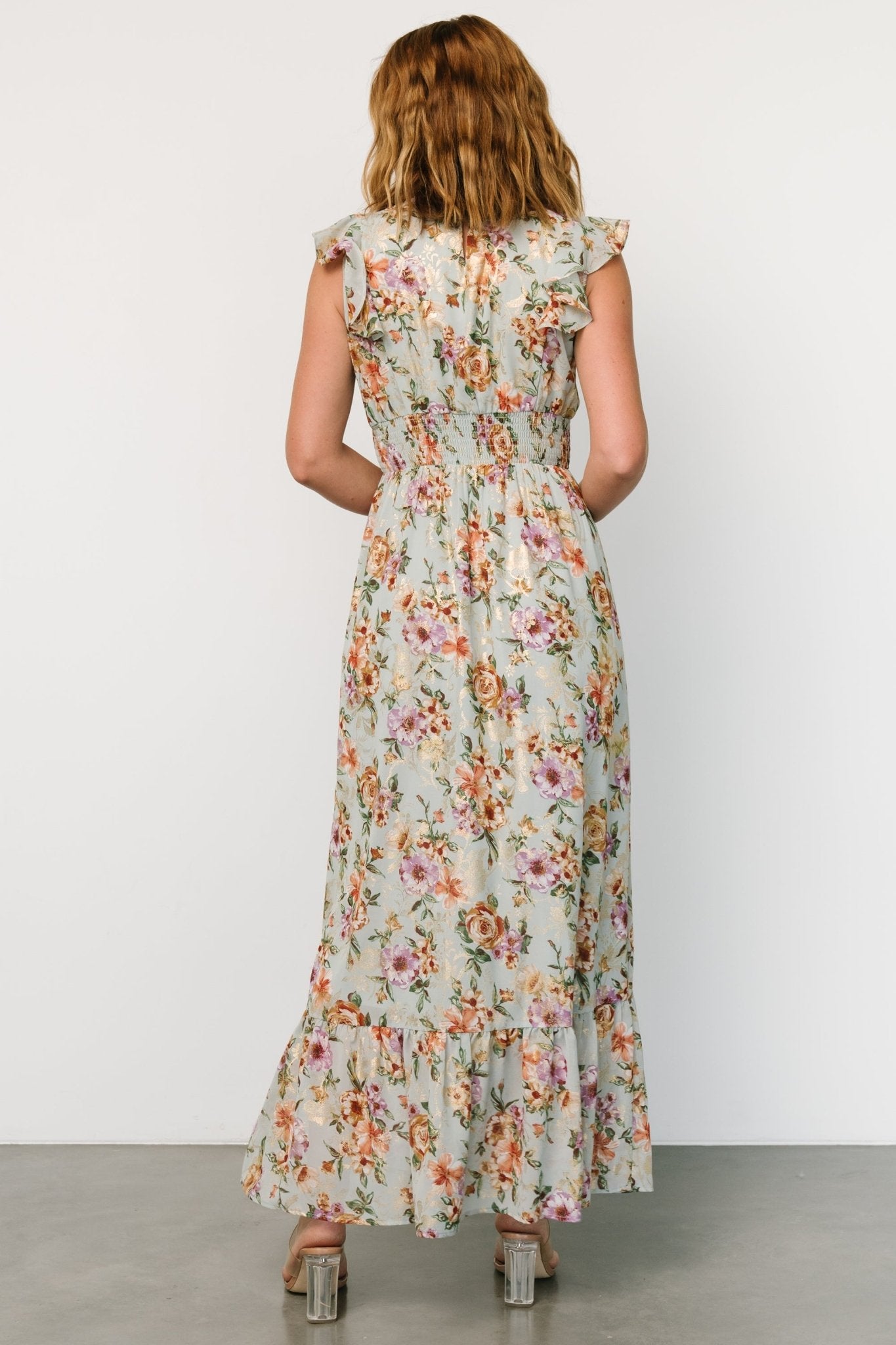 Kearny Ruffle Maxi Dress | Light Blue Floral + Gold - Baltic Born