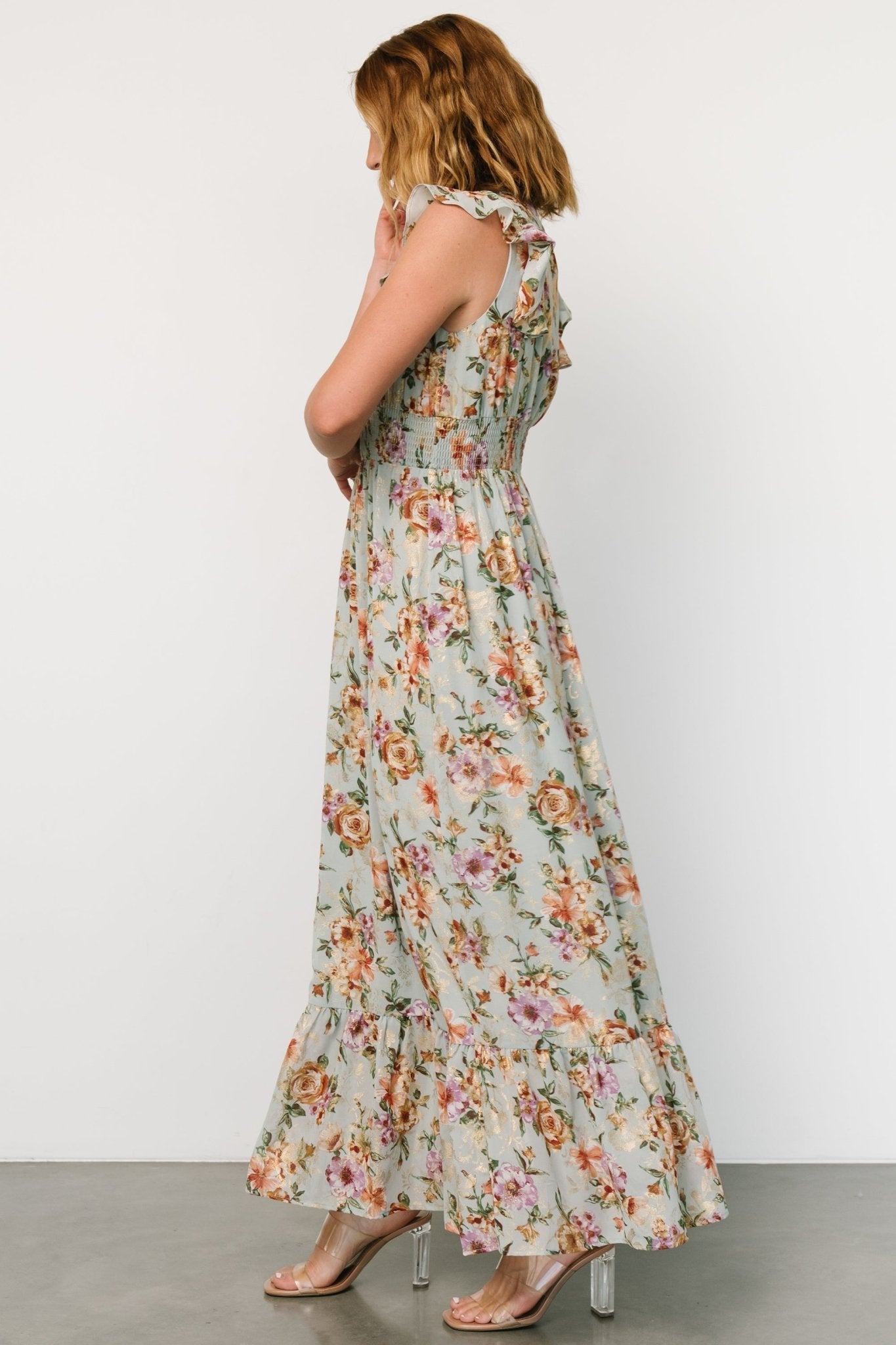 Kearny Ruffle Maxi Dress | Light Blue Floral + Gold - Baltic Born