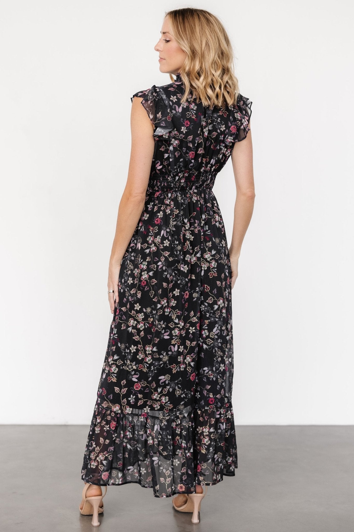 Kearny Ruffle Maxi Dress | Midnight + Gold Multi - Baltic Born