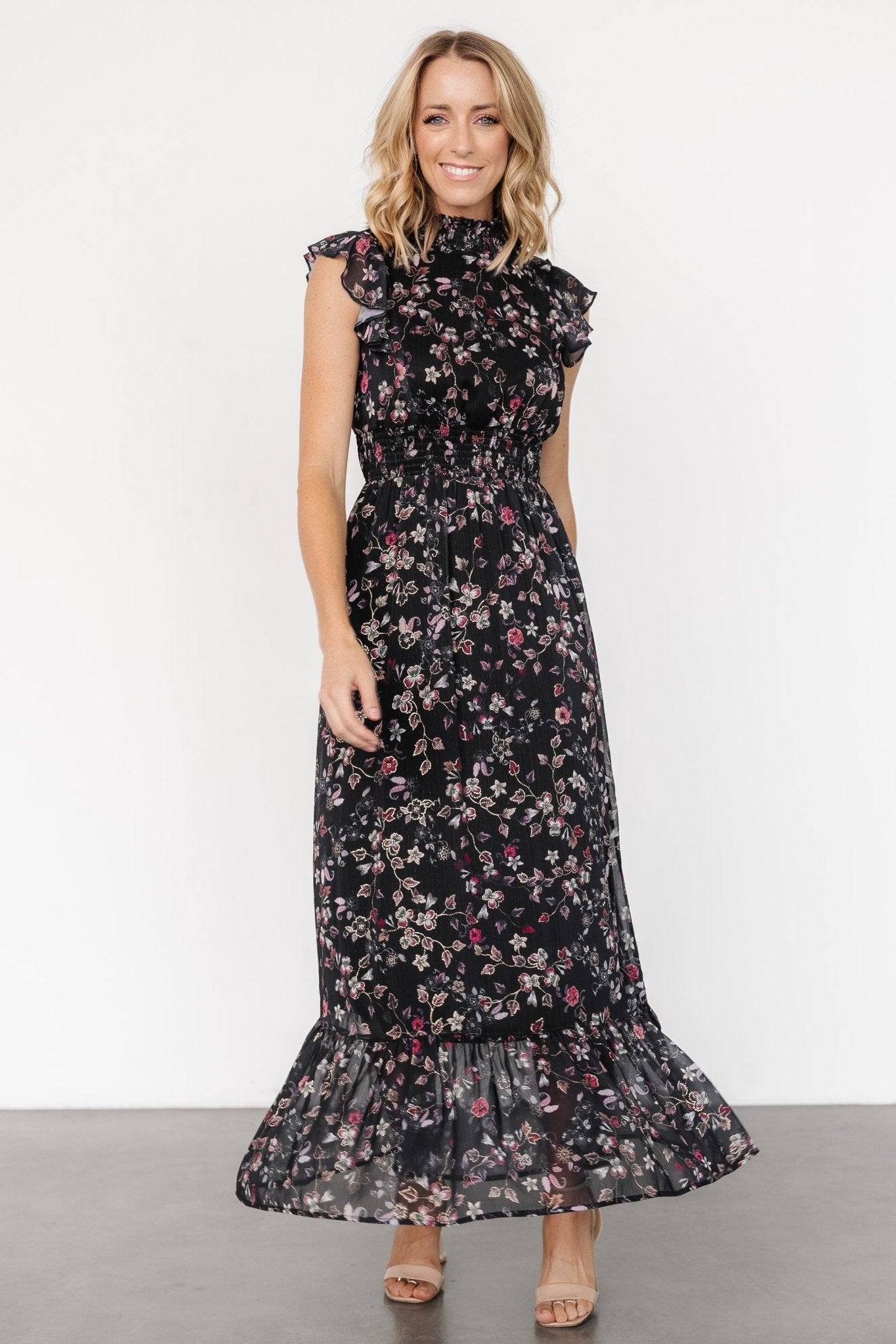 Kearny Ruffle Maxi Dress | Midnight + Gold Multi - Baltic Born