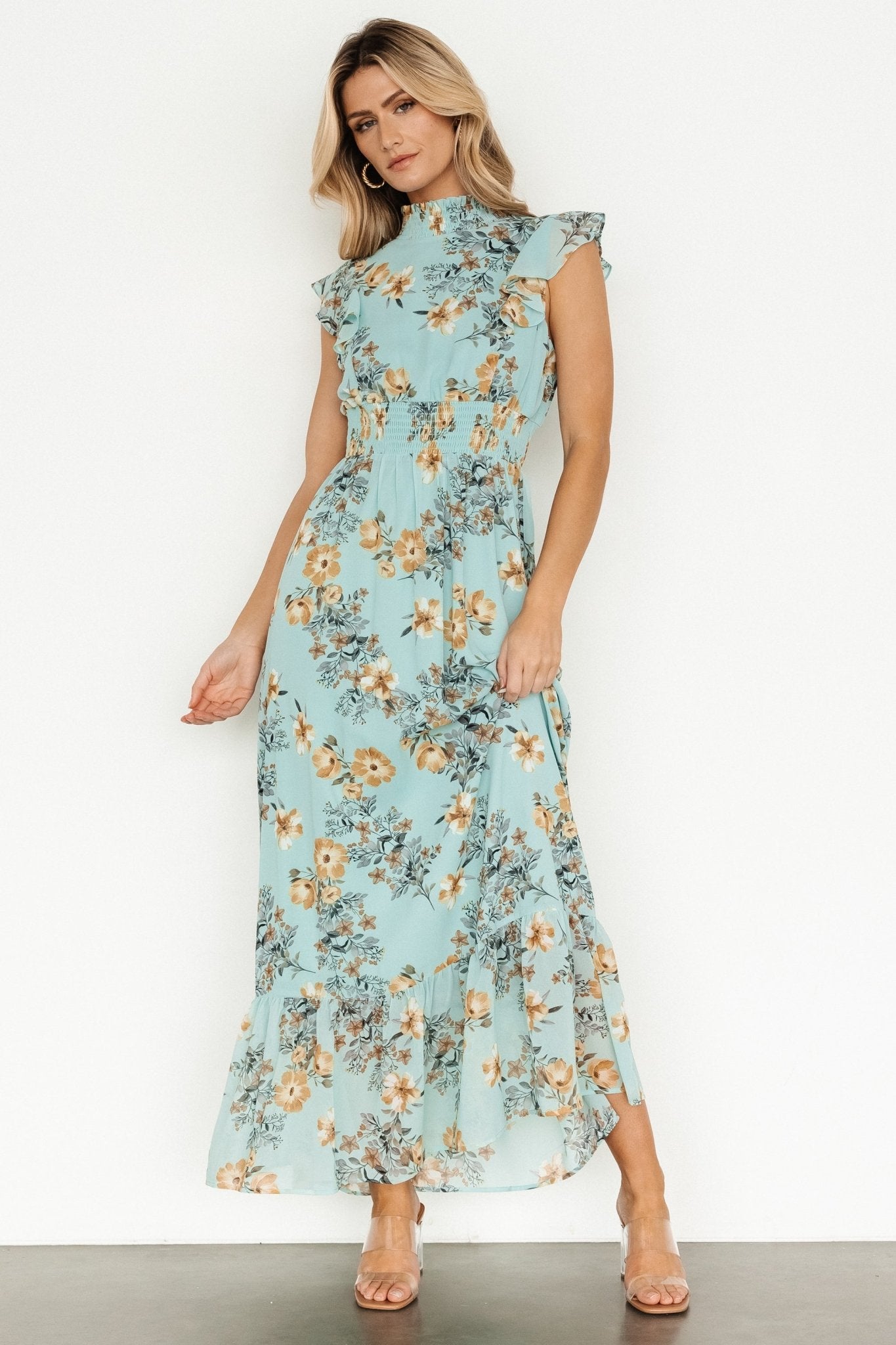 Caysie Halter Floral Ruffle Layered Maxi Dress in Blue main image 1