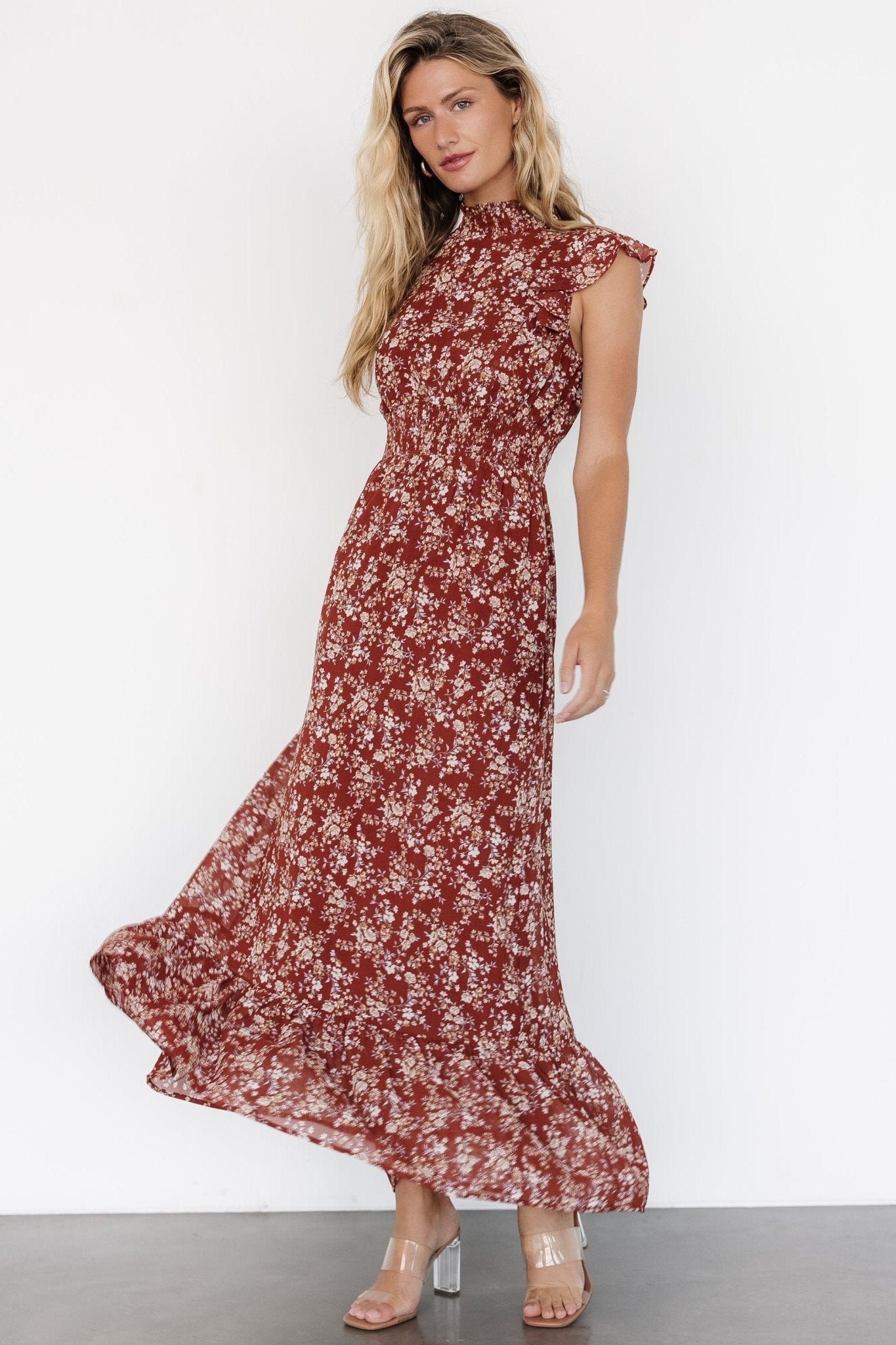 Kearny Ruffle Maxi Dress | Rust Print - Baltic Born