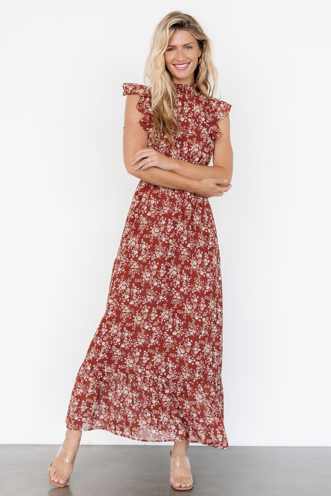 Kearny Ruffle Maxi Dress | Rust Print - Baltic Born