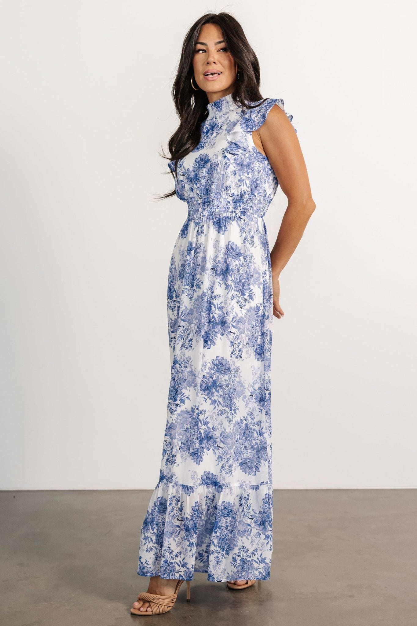 Kearny Ruffle Maxi Dress | White + Blue Floral - Baltic Born