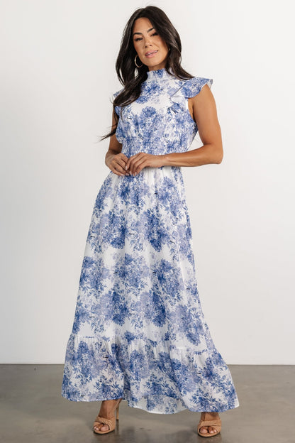 Kearny Ruffle Maxi Dress | White + Blue Floral - Baltic Born