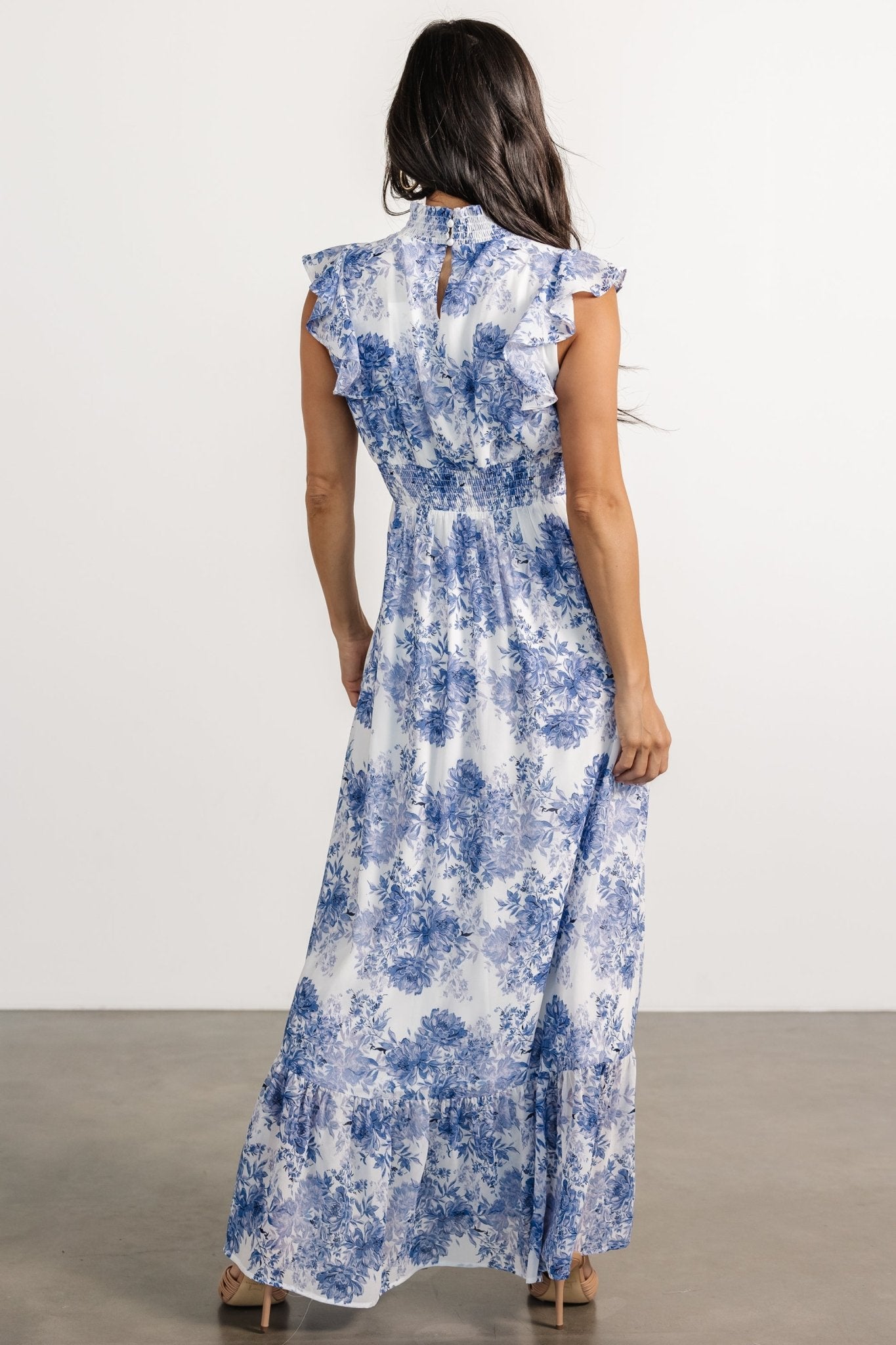 Kearny Ruffle Maxi Dress | White + Blue Floral - Baltic Born