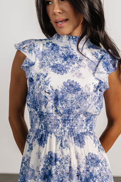 Kearny Ruffle Maxi Dress | White + Blue Floral - Baltic Born