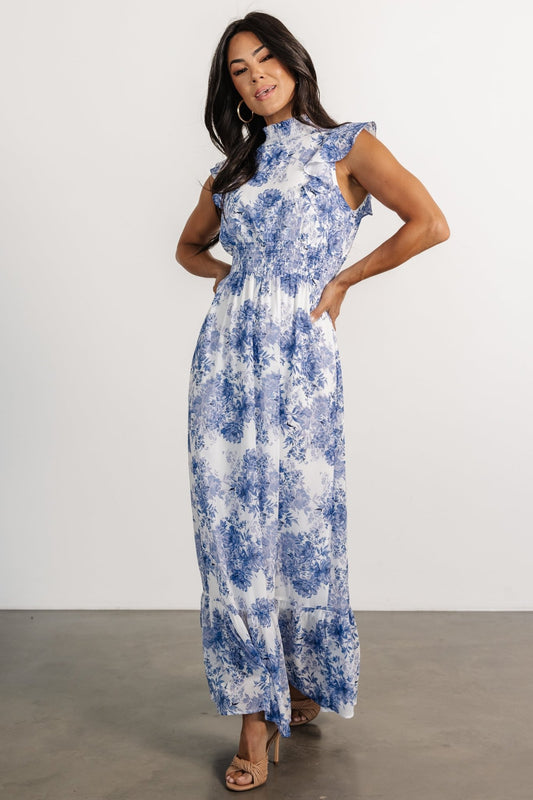 Kearny Ruffle Maxi Dress | White + Blue Floral - Baltic Born