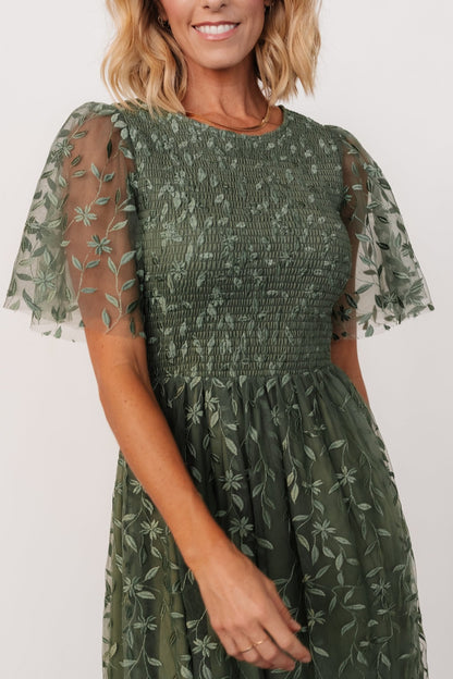 Kendra Embroidered Dress | Dark Sage - Baltic Born