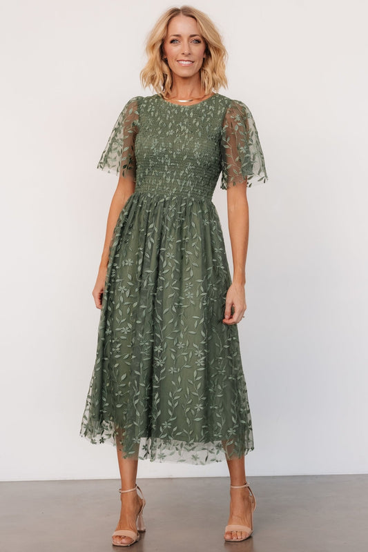 Kendra Embroidered Dress | Dark Sage - Baltic Born