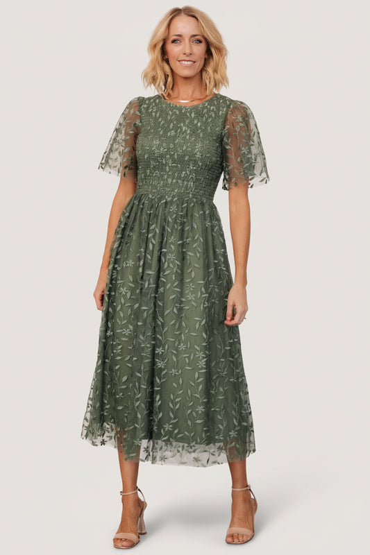 Baltic Born Womens Kendra Embroidered Dress | Dark Sage | Size: XS