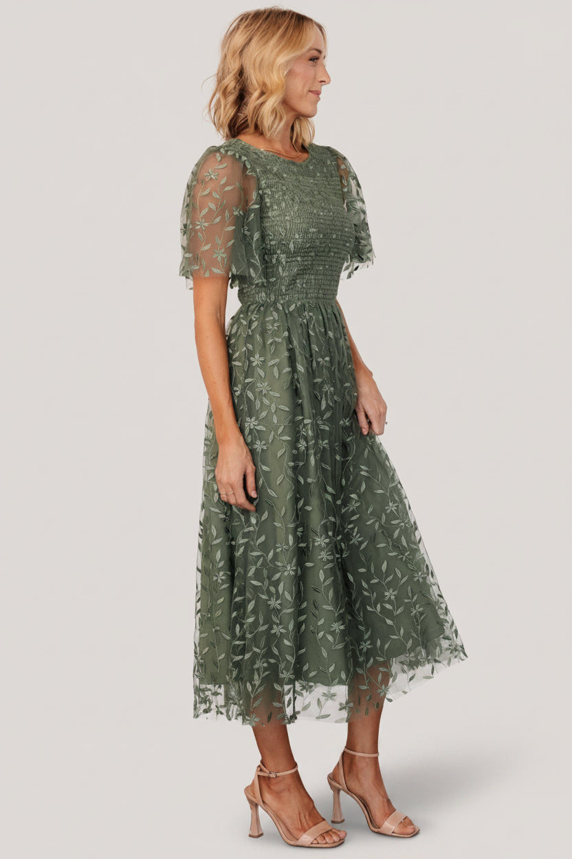 Kendra Embroidered Dress | Dark Sage