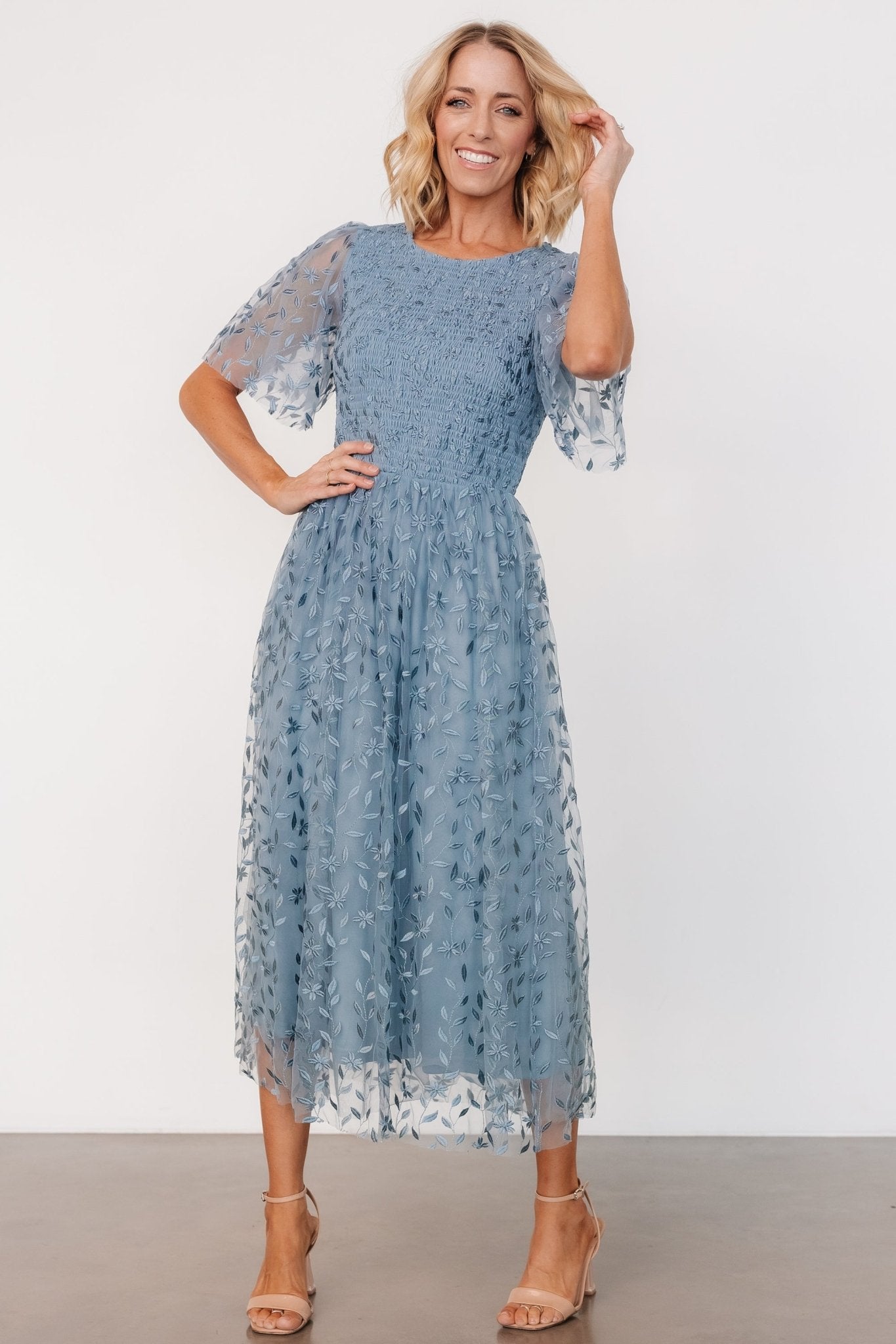 Baltic Born Womens Kendra Embroidered Dress | Dusty Blue