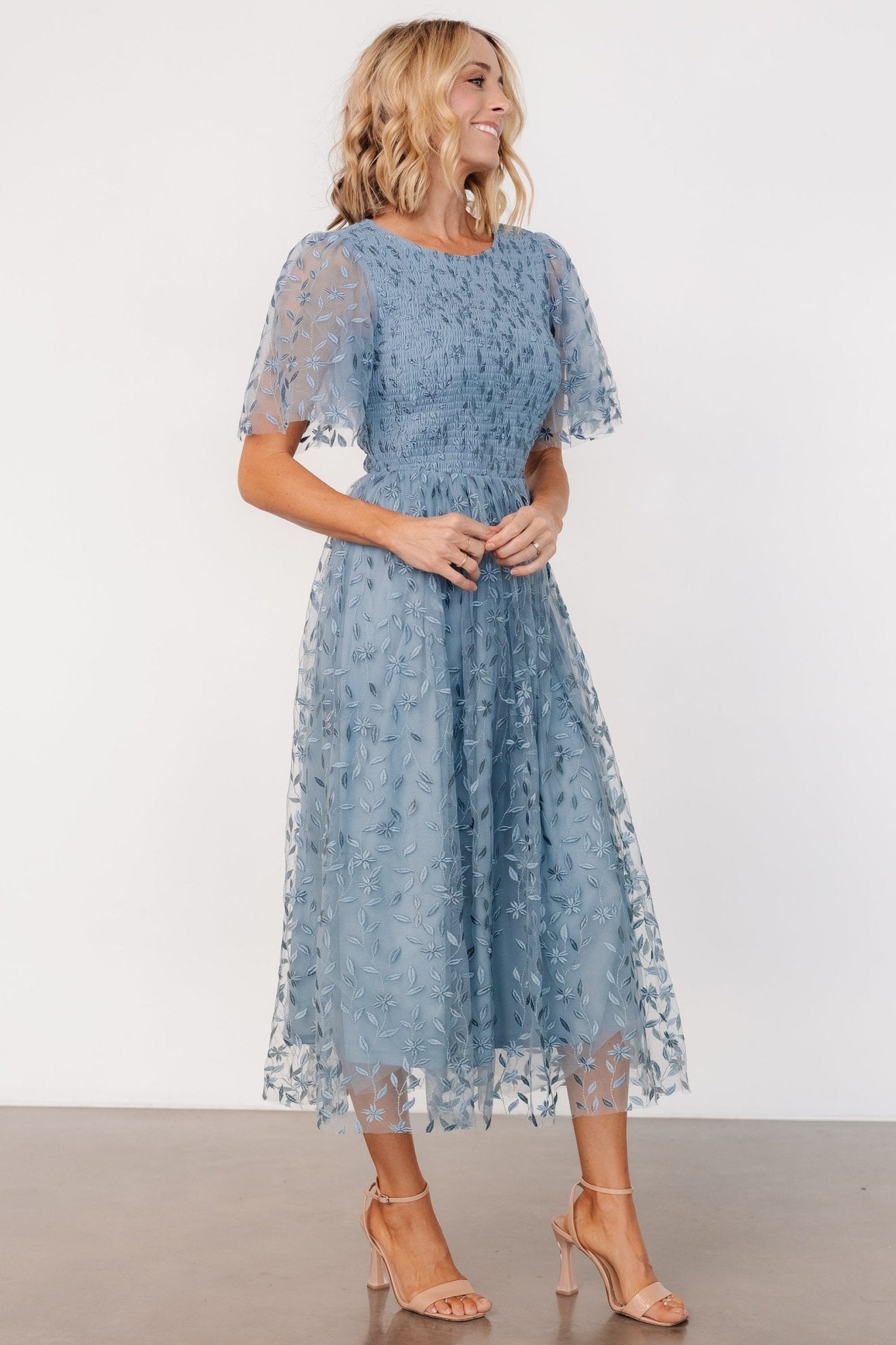 Kendra Embroidered Midi Dress in Dusty Blue | Baltic Born M Kendra Embroidered Midi Dress in Dusty Blue | Baltic Born M