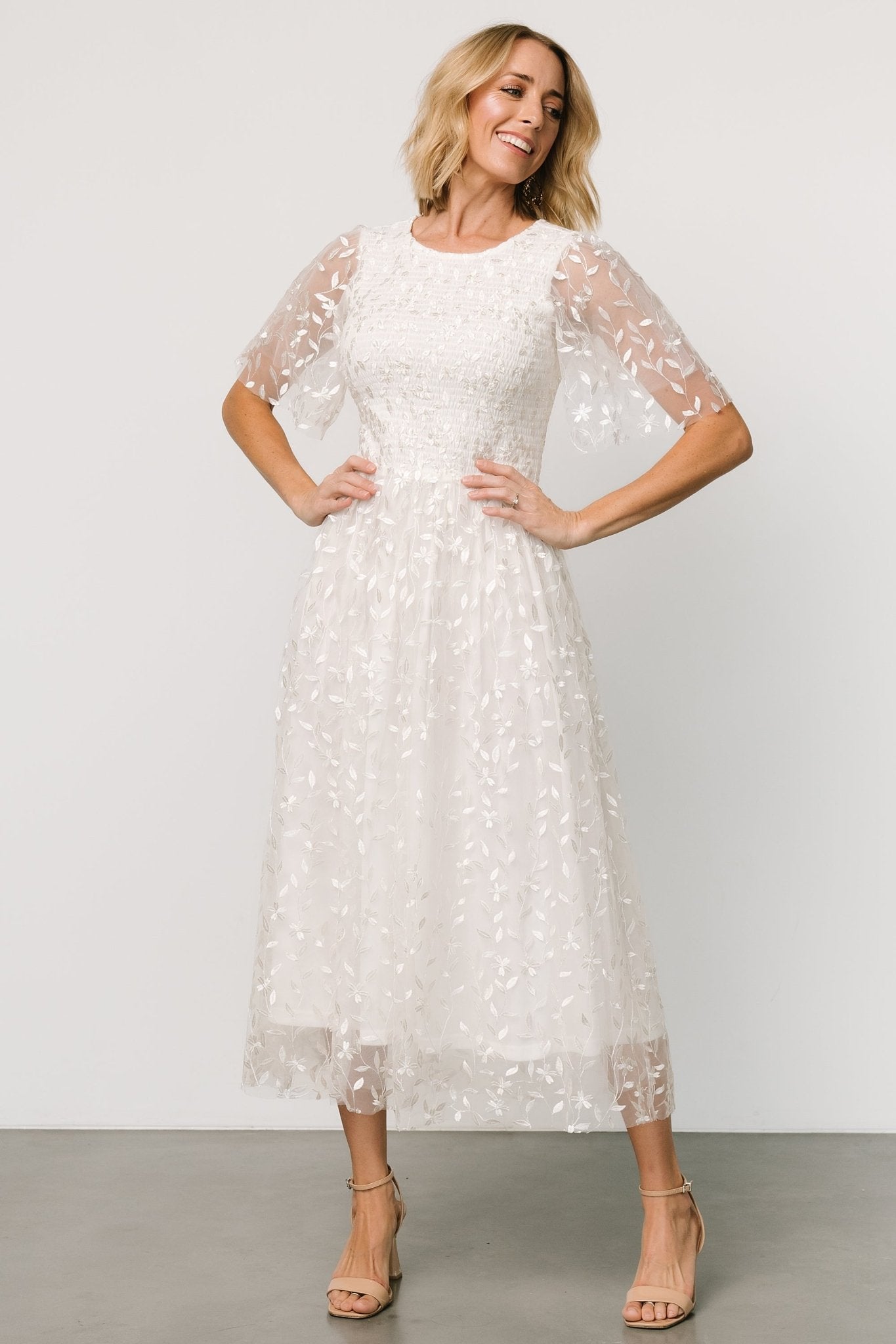 Back view showing single-button keyhole closure and smocked bodice on white Kendra embroidered midi dress in tulle.
