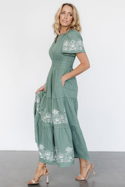 Kennedy Embroidered Maxi Dress | Dark Sage - Baltic Born