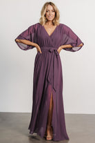 Close-up of the Kia Kimono Maxi Dress fabric in vintage plum showing lightweight texture, surplice neckline detail, and kimono sleeve drape.