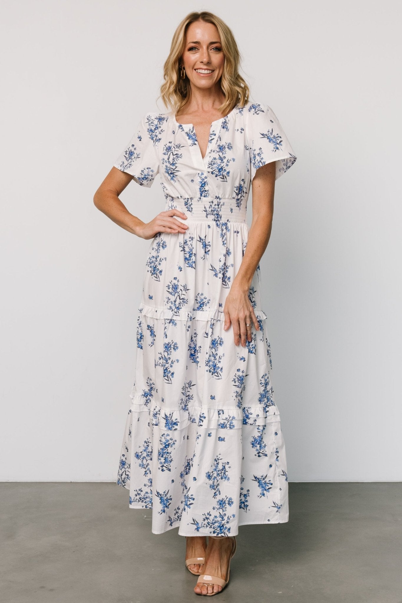 Kiana Poplin Maxi Dress | Off White + Blue - Baltic Born