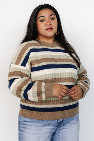 Close-up detail of the Kira Striped Sweater knit texture, showing navy, sage, natural and ivory yarns and ribbed neckline.