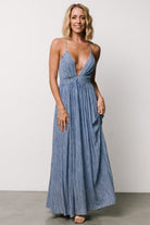 Close-up of Korley Maxi Dress blue stripe showing gathered V-neck detailing, bust lining and delicate adjustable spaghetti straps.