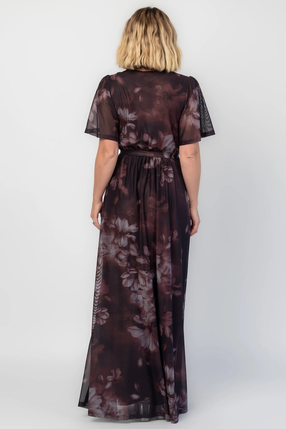 Kristina Mesh Maxi Dress in Dark Clove Floral with crossover neckline, elastic waist, and side slit.