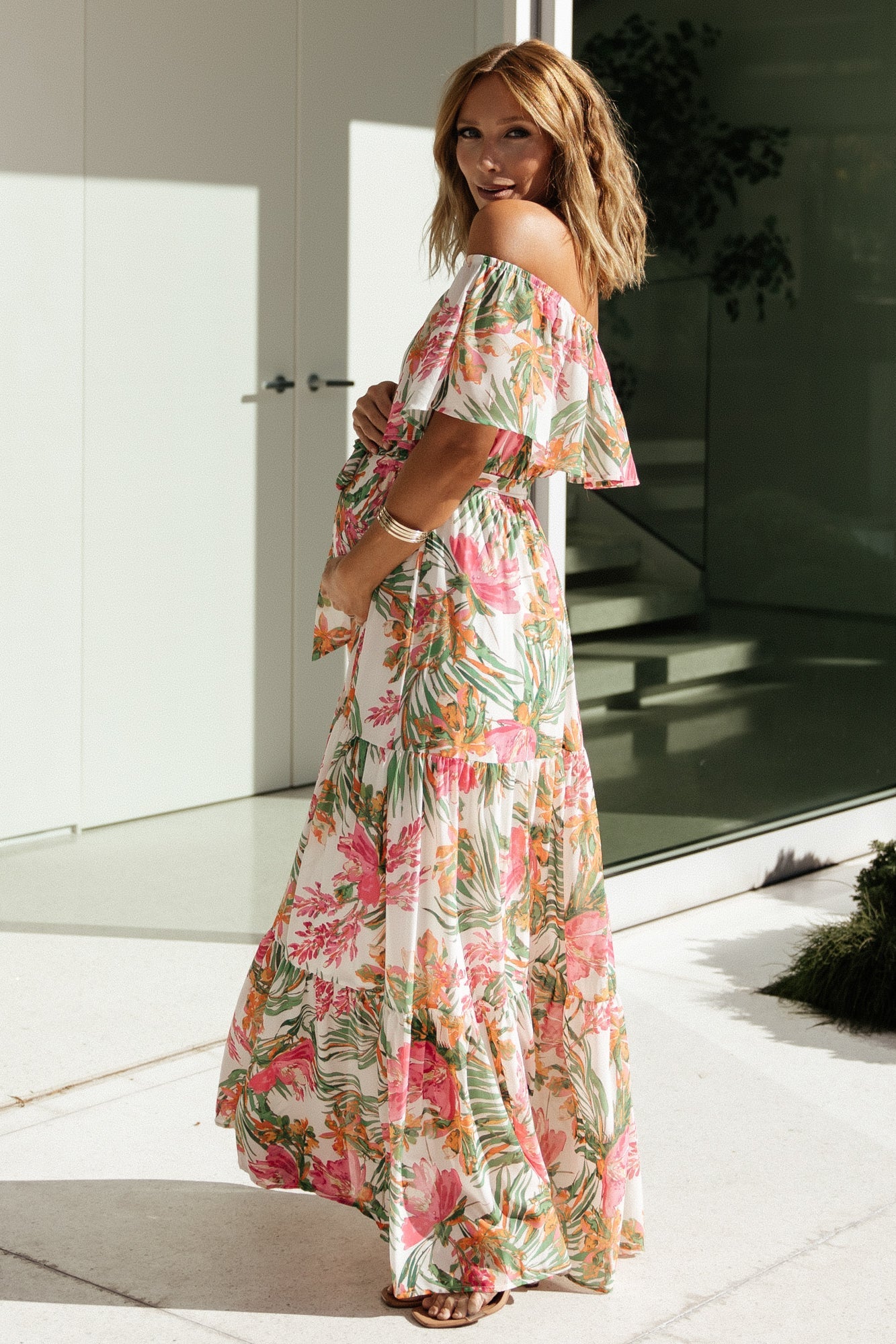Close-up of the bodice overlay and elastic neckline on the Lahaina maxi dress, highlighting chiffon texture and print details.