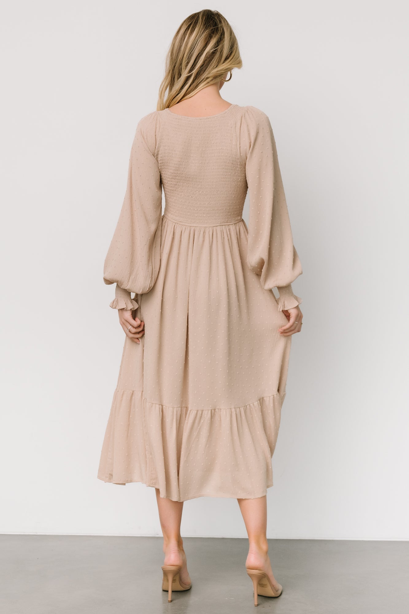 Lainey Smocked Dotted Midi Dress | Dusty Blue