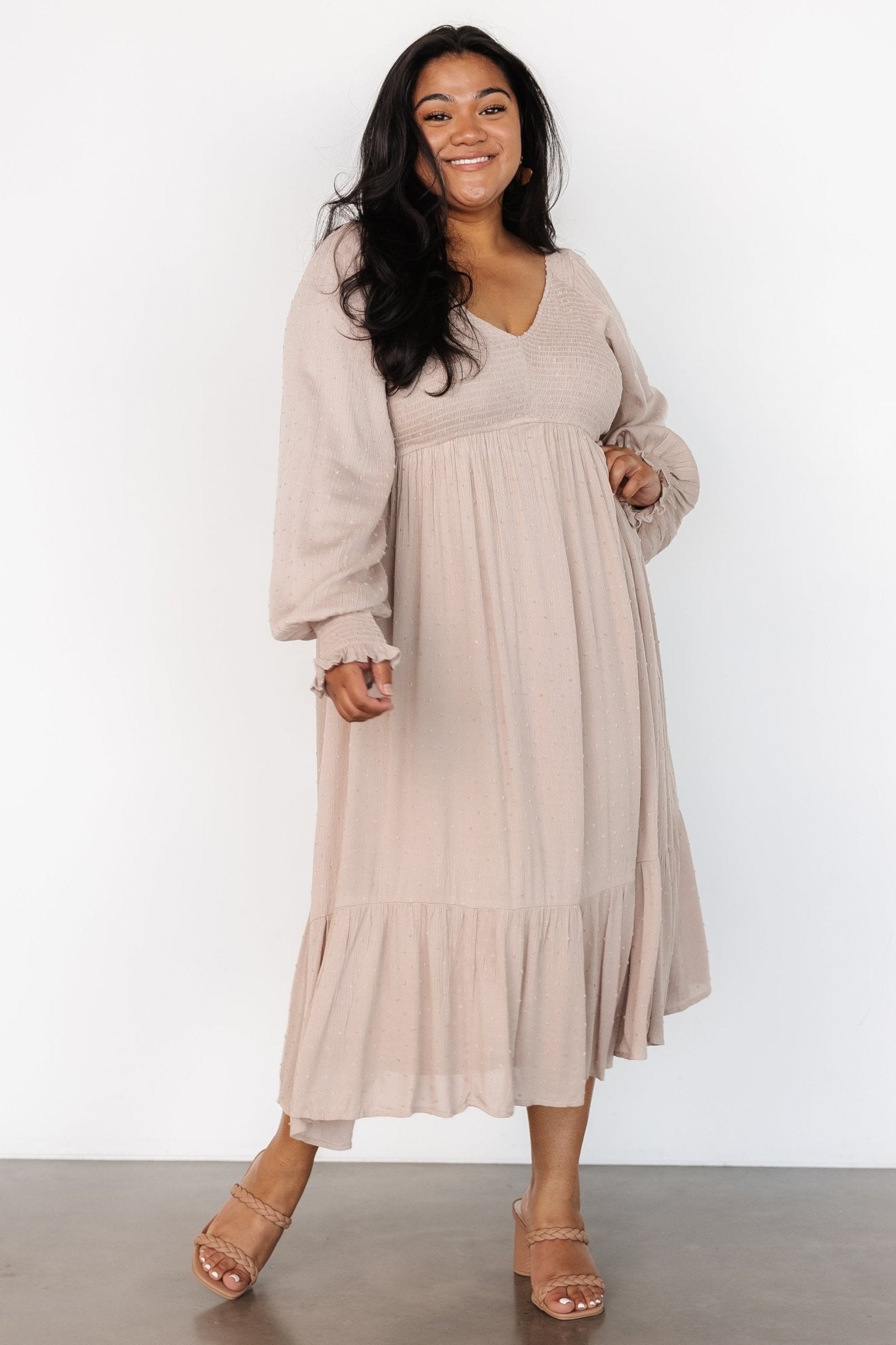 Midi Dress Beige Long Sleeve Maxi Dress Lainey Smocked Dotted Midi