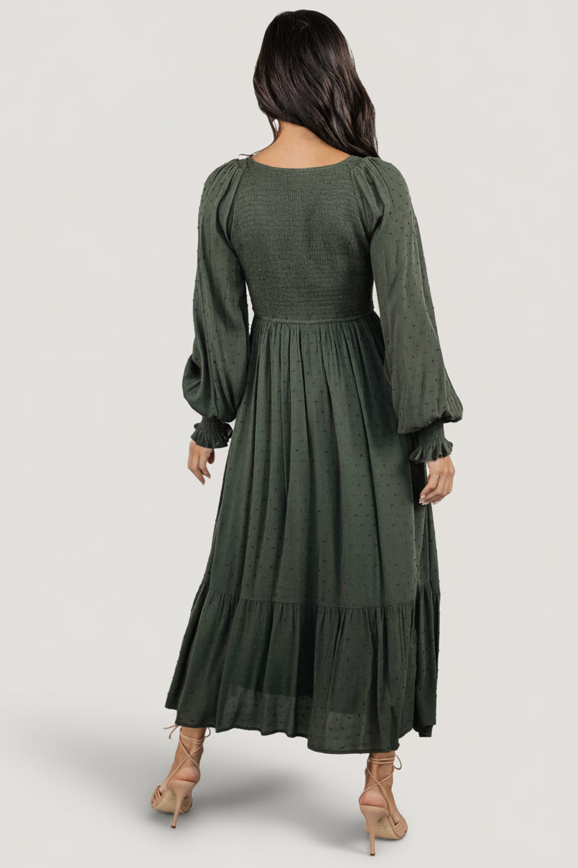 Baltic Born Womens Lainey Smocked Dotted Midi Dress | Deep Olive | Size: Medium Baltic Born Womens Lainey Smocked Dotted Midi Dress | Deep Olive | Size: Medium