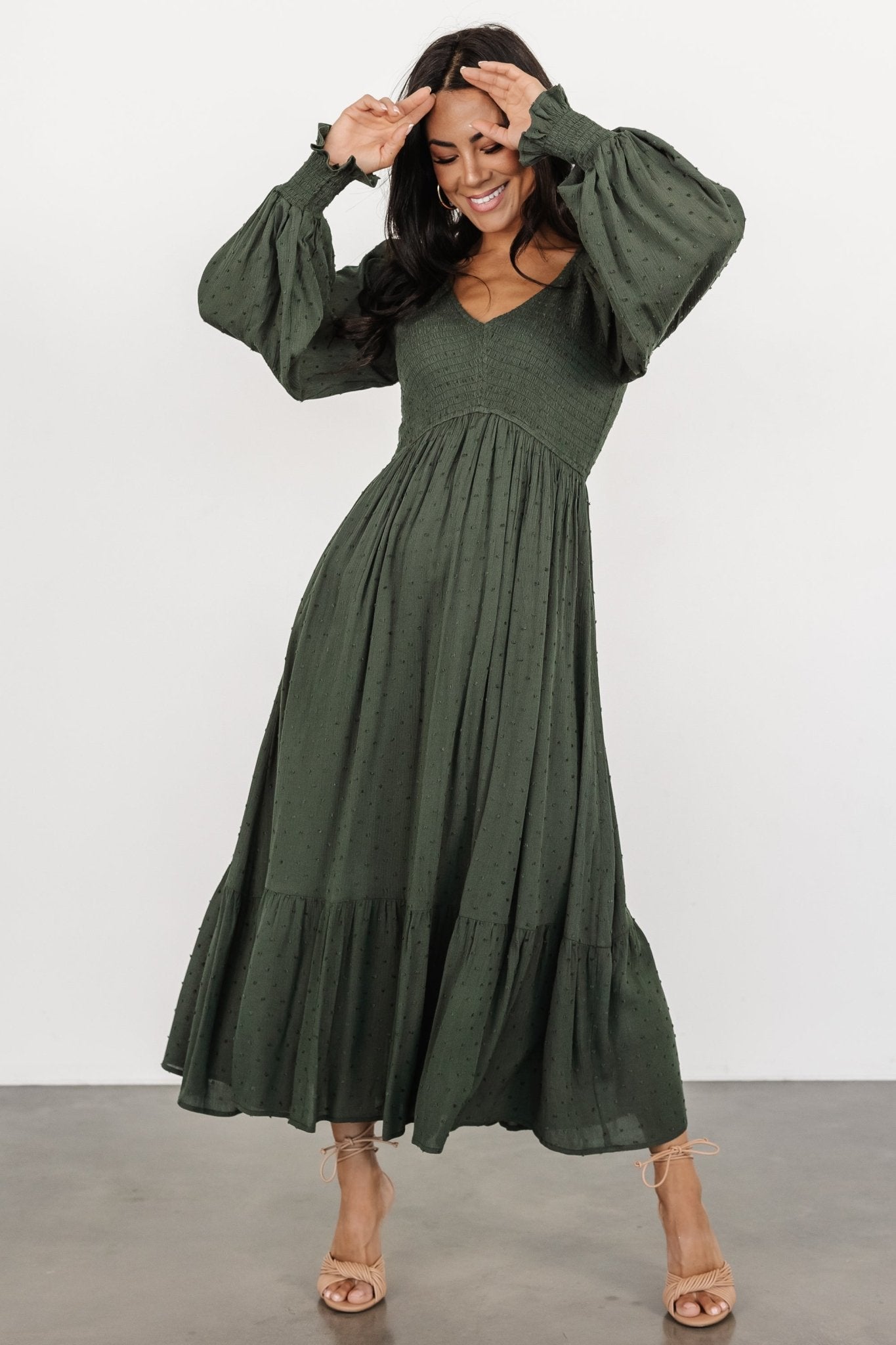A-line dobby dress with overlap short yoke with gathers highlighted