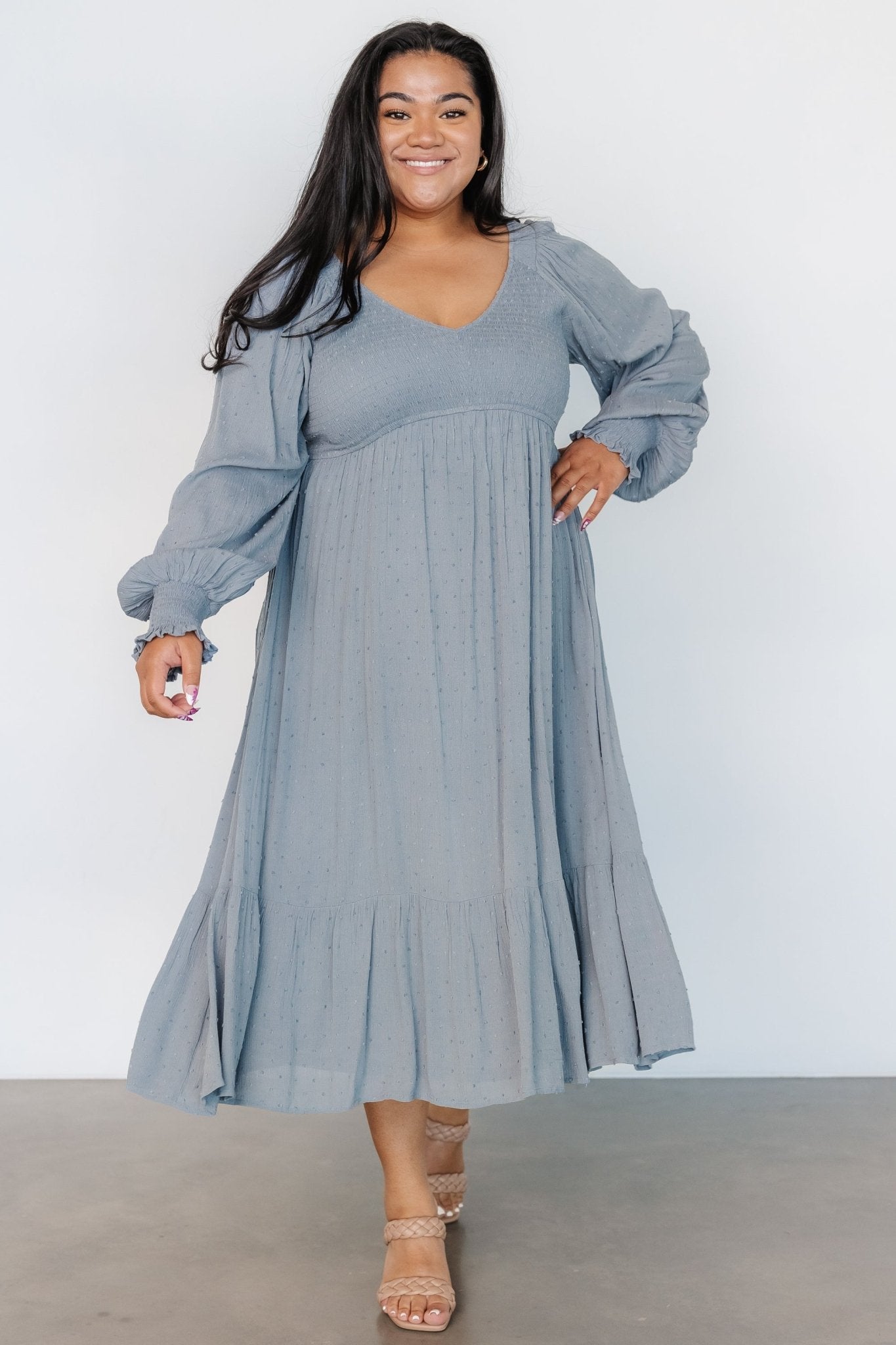Lainey Smocked Dotted Midi Dress Dark Sage Baltic Born
