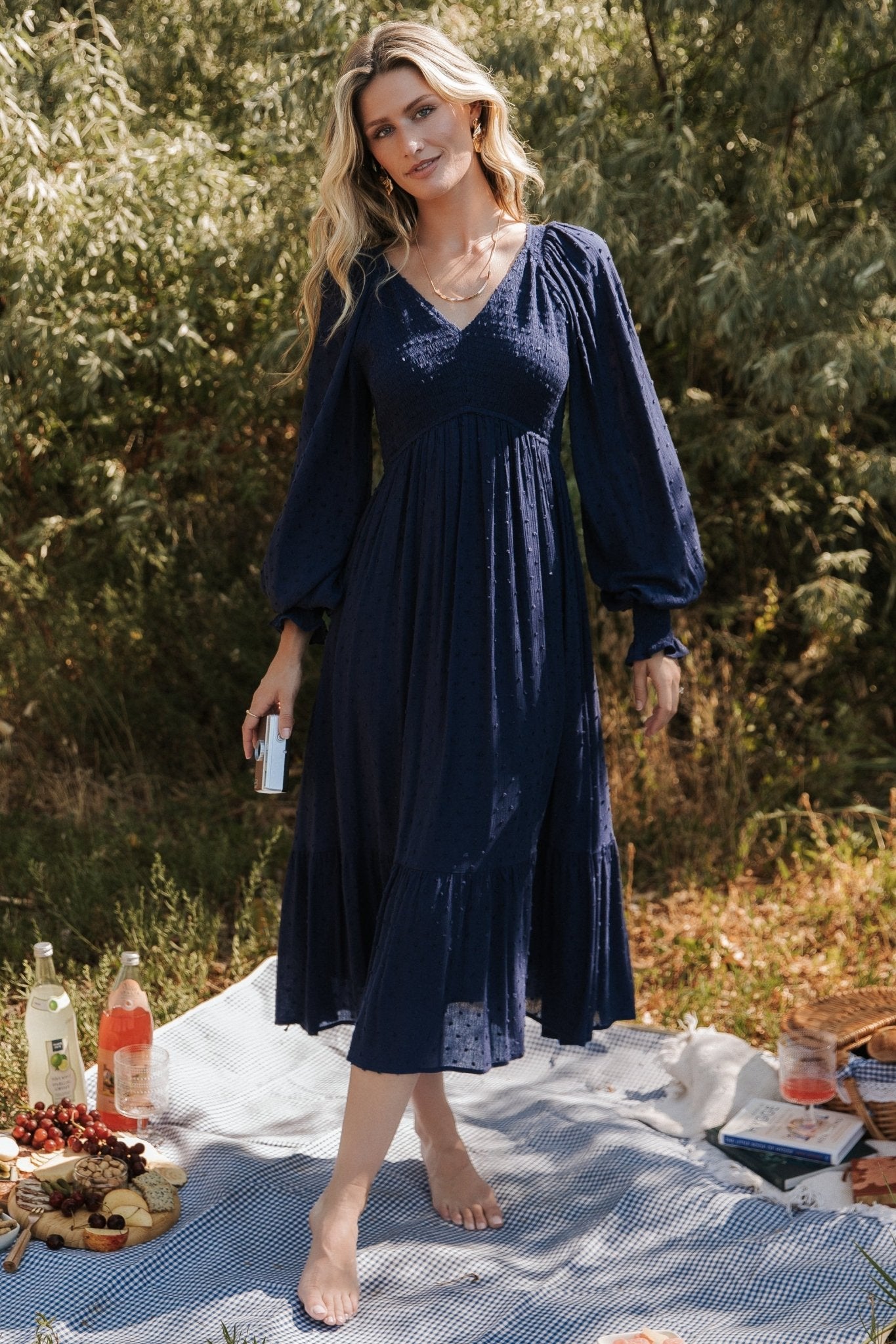 Lainey Smocked Midi Dress, Midnight Blue | Baltic Born M Lainey Smocked Midi Dress, Midnight Blue | Baltic Born M