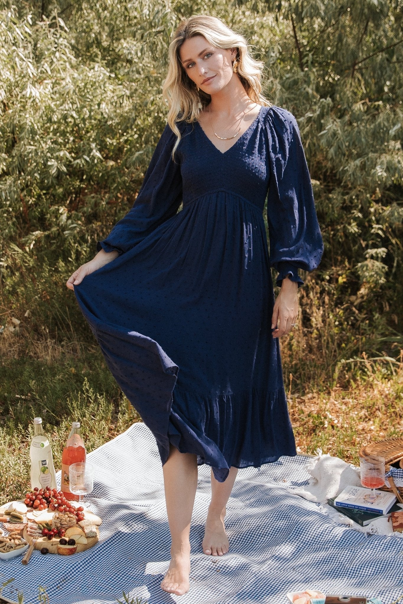 Lainey Smocked Midi Dress, Midnight Blue | Baltic Born L Lainey Smocked Midi Dress, Midnight Blue | Baltic Born L