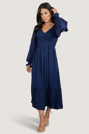 Lainey Smocked Dotted Midi Dress | Midnight Blue