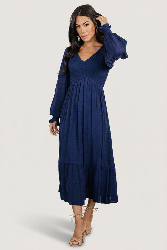 Lainey Smocked Dotted Midi Dress | Midnight Blue