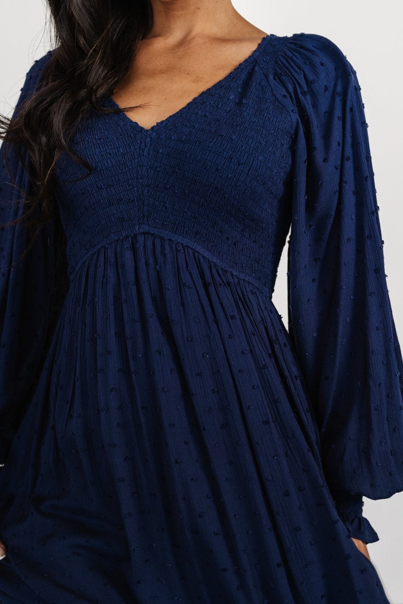 Lainey Smocked Dotted Midi Dress | Midnight Blue