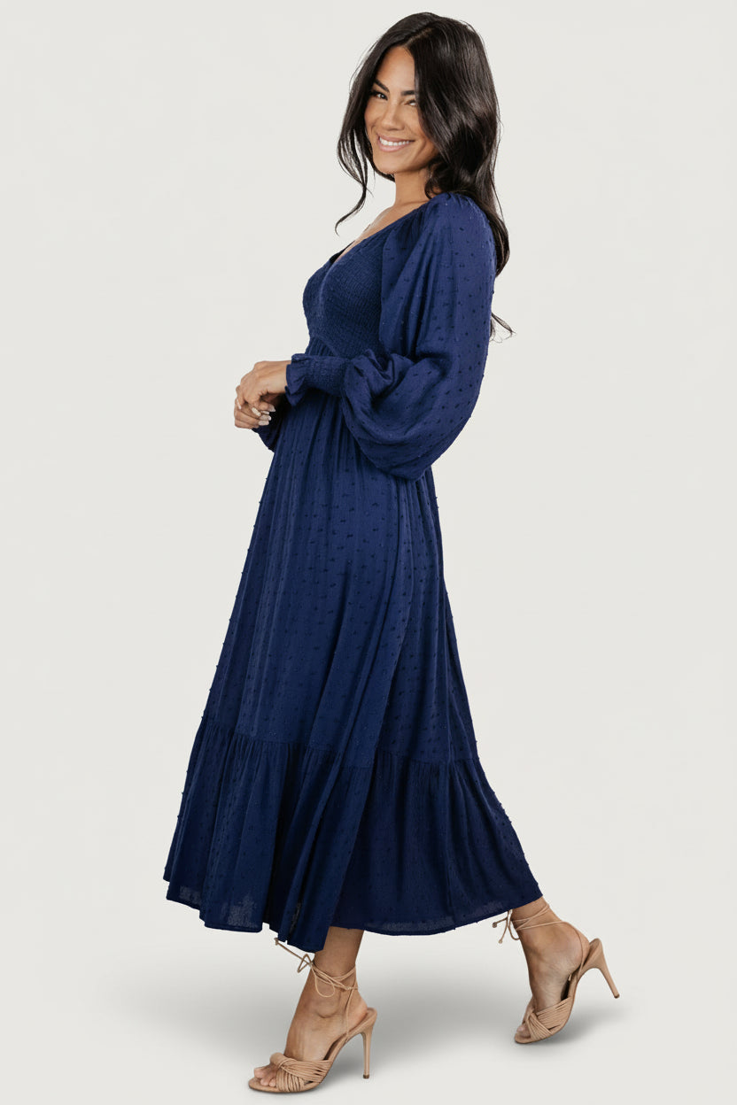 Lainey Smocked Dotted Midi Dress | Midnight Blue