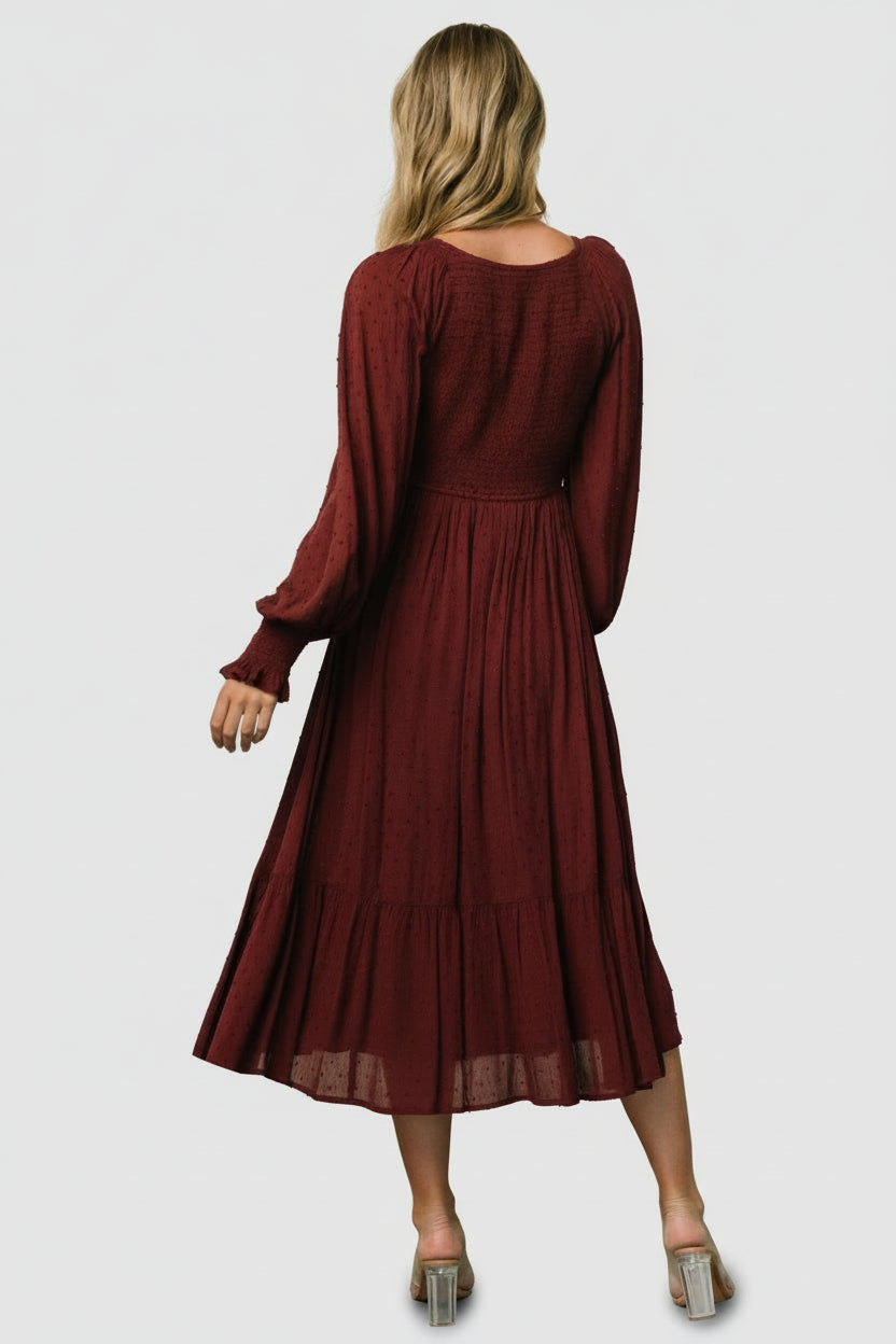 tiered long sleeve midi dress in swiss dot Baltic Born Womens Lainey Smocked Dotted Midi Dress | Mulberry